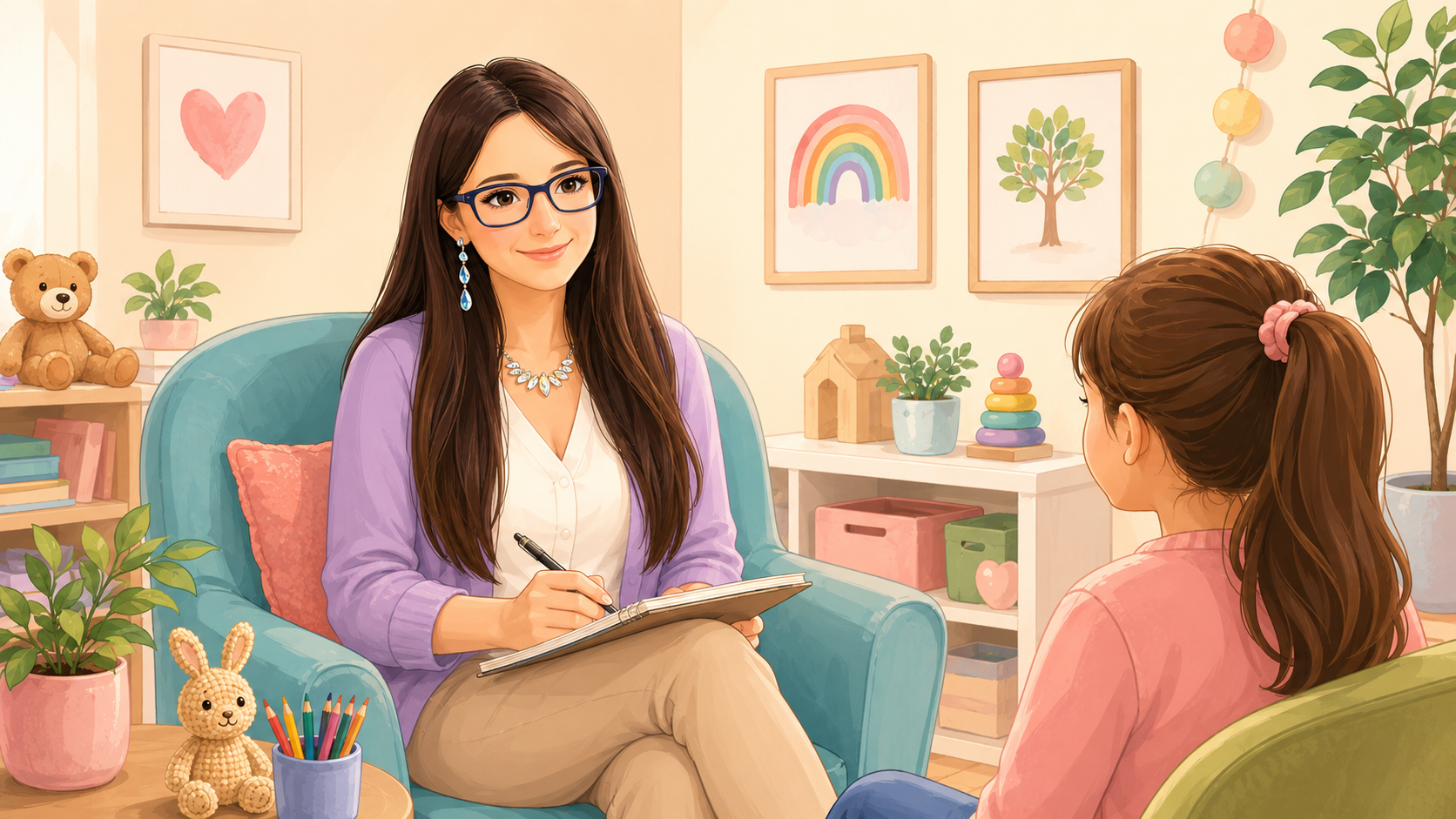 Illustration: Jasmin Wach im Gespräch mit einem Kind in einem warmen Therapieraum